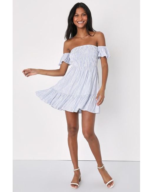 Lulus Darling Romantic Striped Smocked Off The Shoulder Dress in White Lyst UK