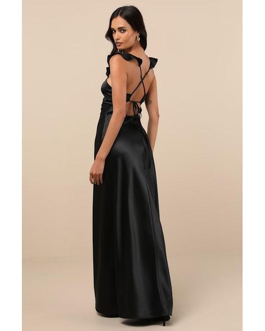 Lulus Black Exuberant Luxury Satin Ruffled Lace-Up Maxi Dress