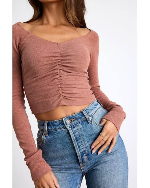 Lulus Blue Elidah Heathered Knit Ruched Long Sleeve Crop Top