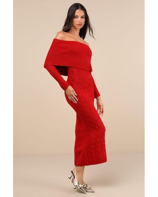 Lulus Red Cozy Excellence Heather Off-The-Shoulder Sweater Dress
