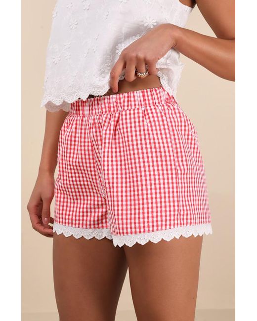 Lulus Pink Marija Gingham Scalloped Shorts