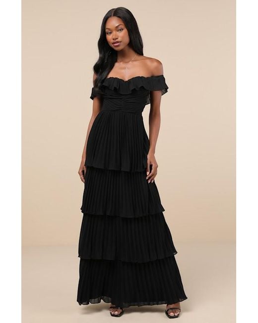 Lulus Black Always Remarkable Pleated Off-The-Shoulder Maxi Dress