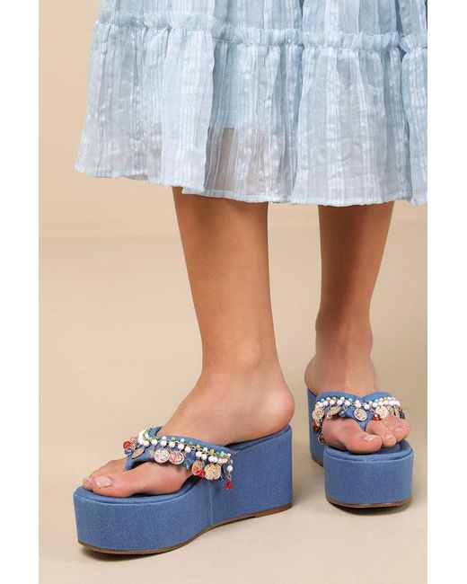 Lulus Blue Tassilo Denim Embellished Flatform Thong Sandals