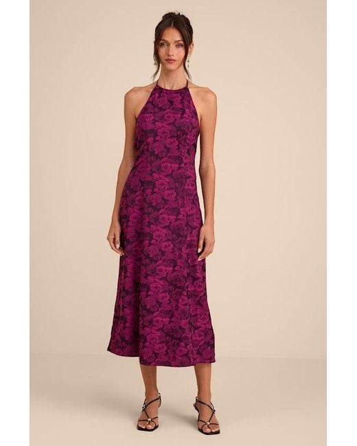 Lulus Pink Caida Plum Floral Satin Halter Midi Dress