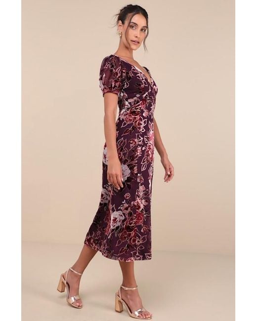 Lulus Pink Loving Approach Velvet Burnout Puff Sleeve Midi Dress