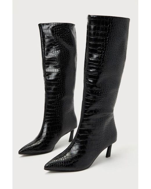 Steve Madden Black Lavan Croc-Embossed Leather Kitten Heel Knee-High Boots