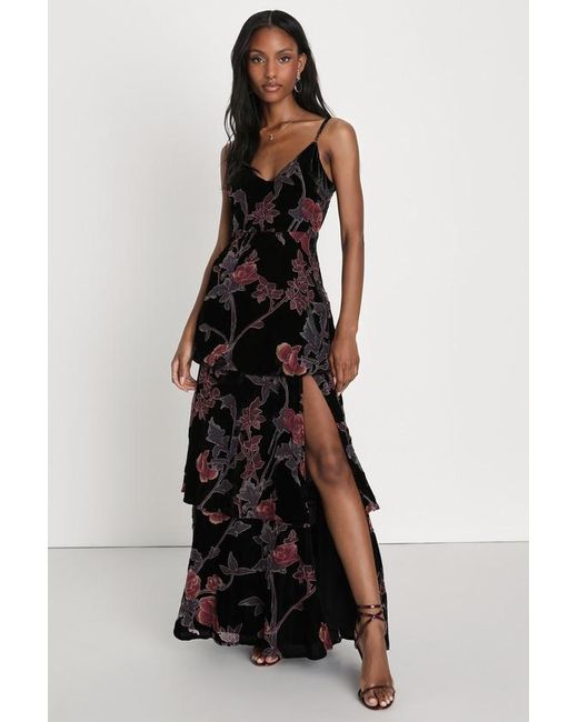 Lulus Women's Black I Love You Amore Floral Velvet Tiered Maxi Dress Lulus Women's Black I Love You Amore Floral Velvet Tiered Maxi Dress