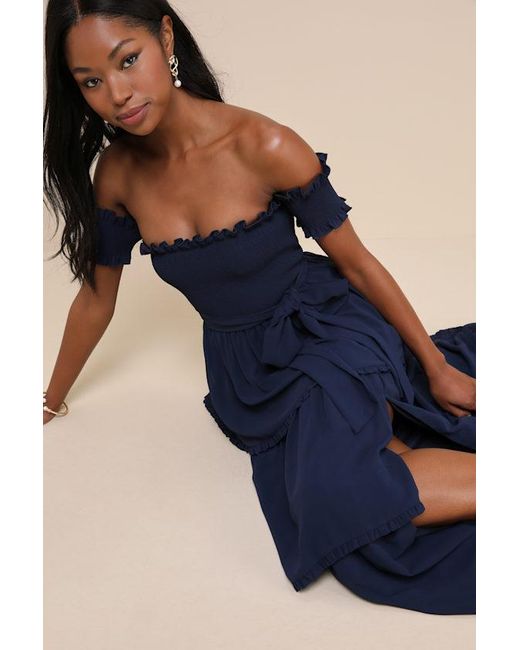 Lulus Blue Stunning Poise Off-The-Shoulder Smocked Tiered Maxi Dress