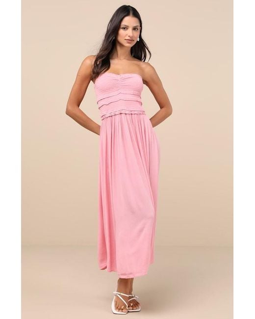 O'neill Sportswear Pink Devyn Smocked Strapless Midi Dress