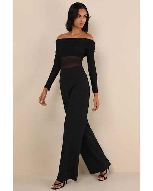 Lulus Blue Sultry Statement Mesh Ruched Off-The-Shoulder Jumpsuit