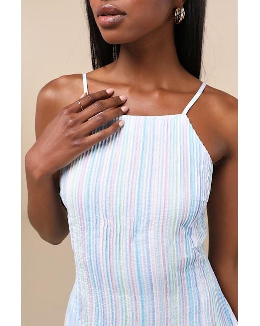 Lulus Blue Jalessa Multi Striped Drop Waist Midi Dress