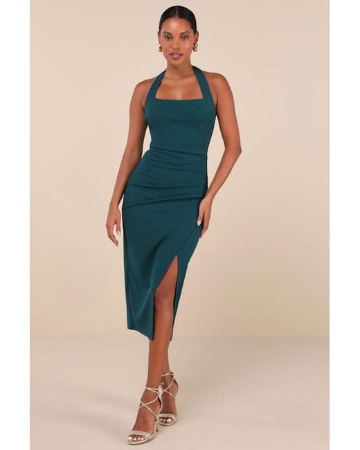 Lulus Blue Prominent Charm Emerald Halter Bodycon Tulip Midi Dress