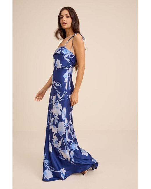 Lulus Blue Florine Floral Satin Tie-Strap Maxi Dress