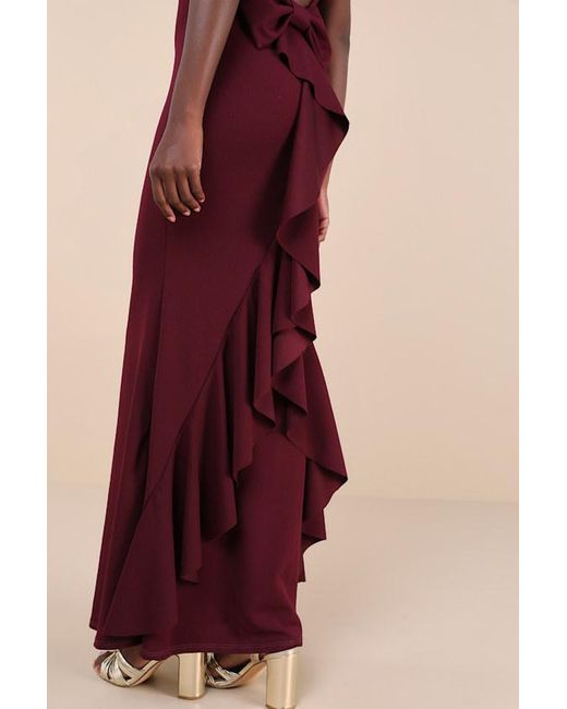 Lulus Multicolor Exquisite Refinement Plum Backless Bow Ruffled Maxi Dress