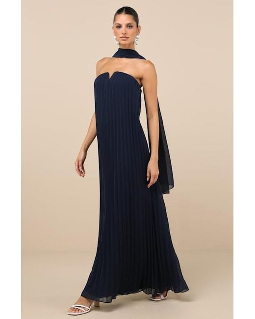 Lulus Blue Lael Pleated Strapless Dress And Scarf Set