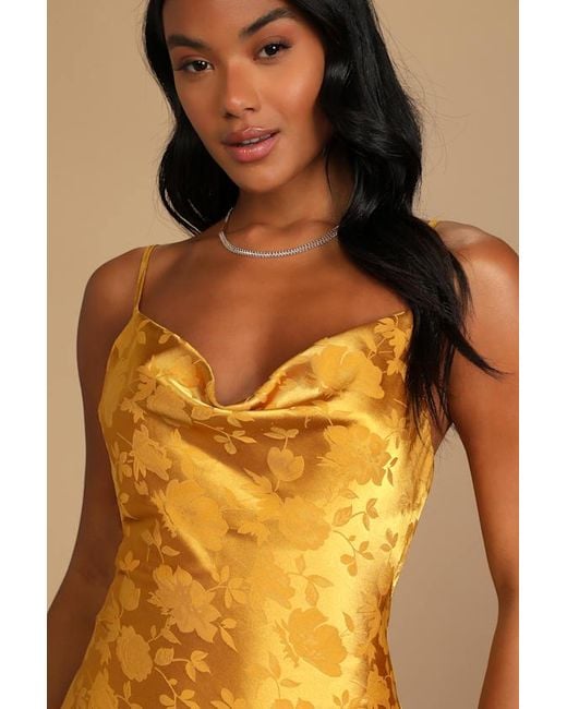 Lulus Yellow Close To Your Heart Satin Jacquard Cowl Slip Dress