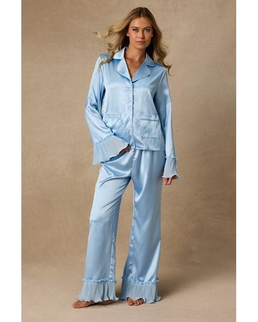 Lulus Blue Melanie Satin Ruffled Two-Piece Pajama Set