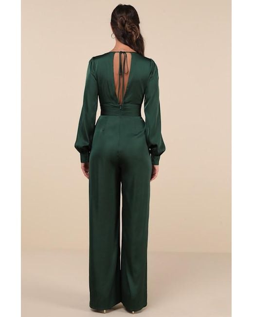 Lulus Green Unbelievable Chicness Satin Long Sleeve Wide-Leg Jumpsuit