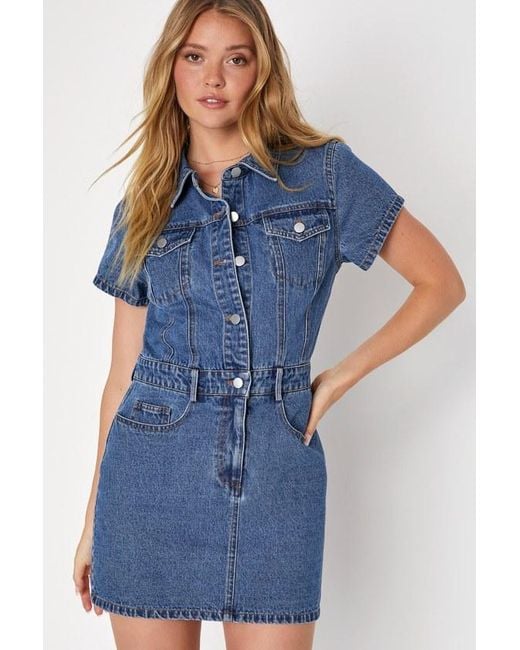 lulus short dresses Lulus Ready To Charm Medium Wash Short Sleeve Denim Mini Dress in Blue