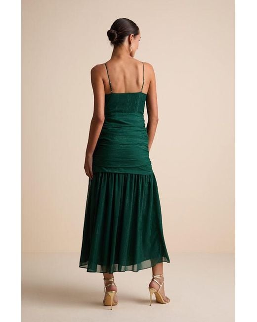 Lulus Green Stunning Soiree Emerald Lurex Ruched Midi Dress
