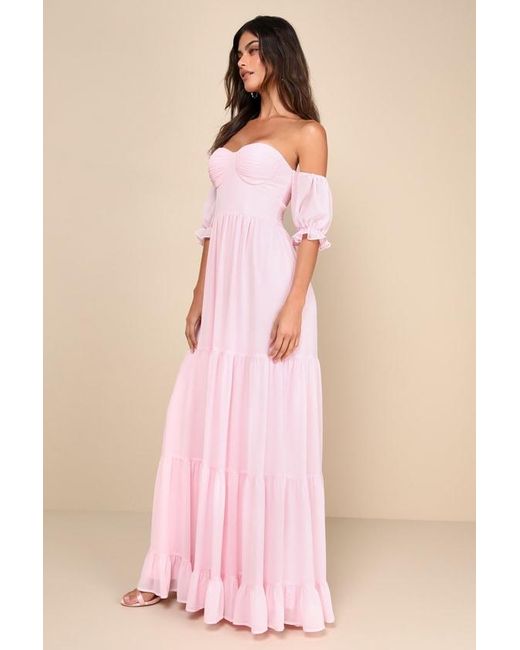 Lulus Pink Exceptionally Gorgeous Blush Chiffon Off-The-Shoulder Maxi Dress