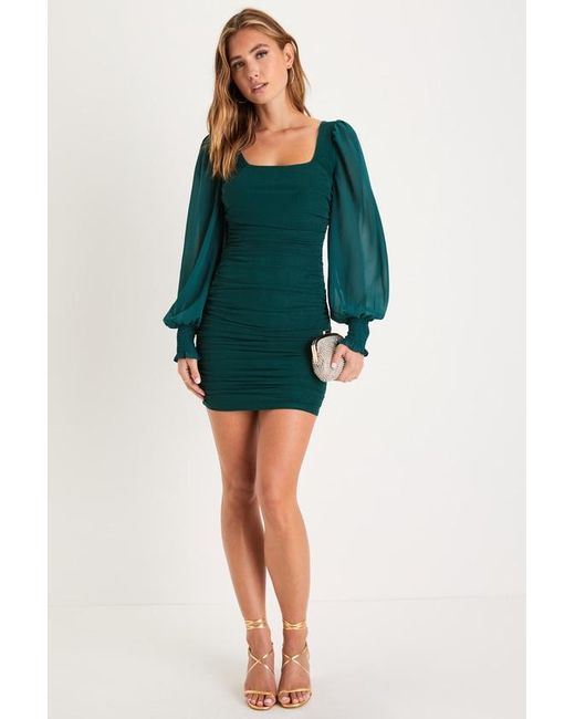 Lulus Green Perfect Sensation Mesh Ruched Puff Sleeve Mini Dress