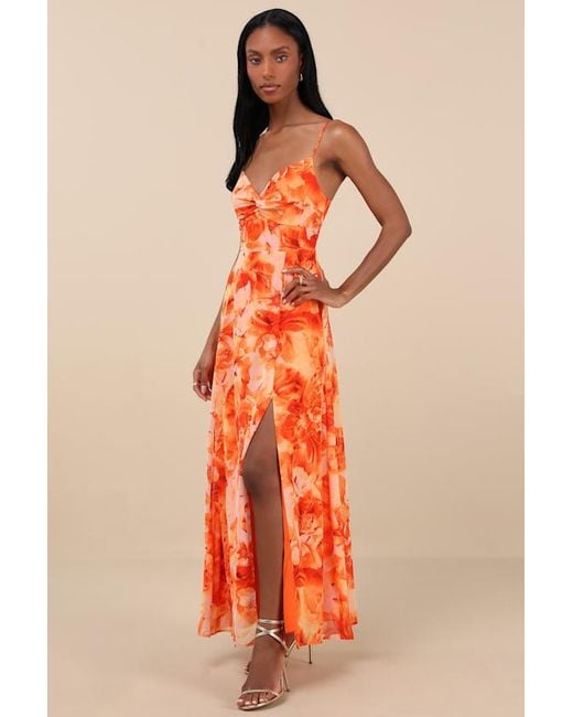 Lulus Orange Beautiful Soul Floral Print Twist-Front Maxi Dress