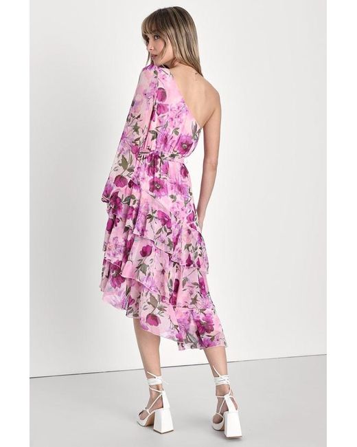 Lulus Pink Such Sweetness Floral Print Tiered Ruffled Midi Dress