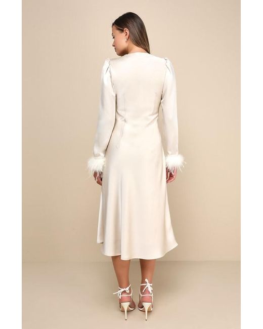Lulus White Precious Aura Satin Feather Long Sleeve Midi Dress