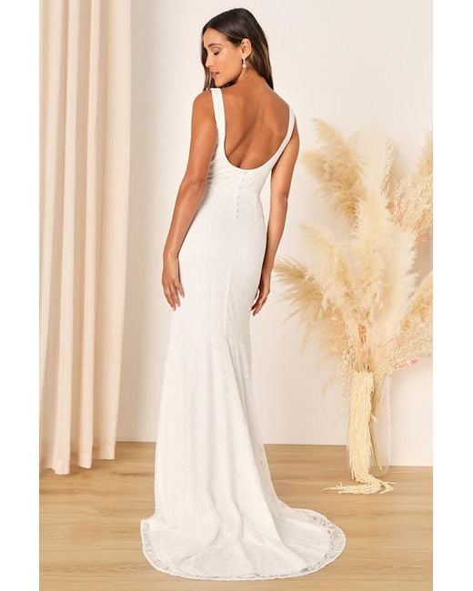 Lulus Natural Eternal Happiness Lace Square Neck Mermaid Maxi Dress