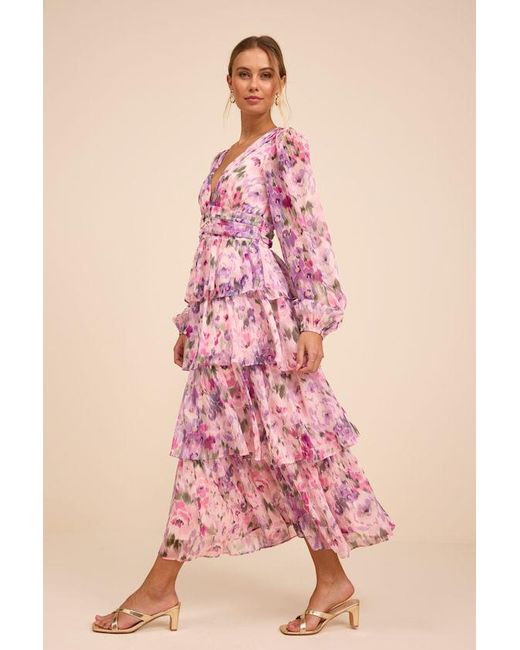 Lulus Pink Macy Blush Multi Floral Tiered Midi Dress