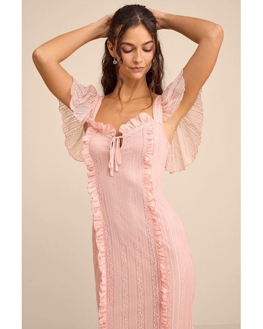 Lulus Pink Aviara Lace Ruffled Flutter Sleeve Midi Dress