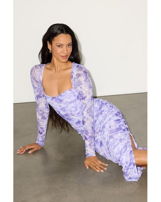 Lulus Purple Janessa Floral Mesh Bodycon Midi Dress