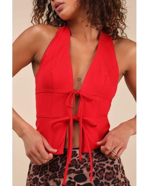 Lulus Red Chelsa Seamed Tie-Front Halter Top