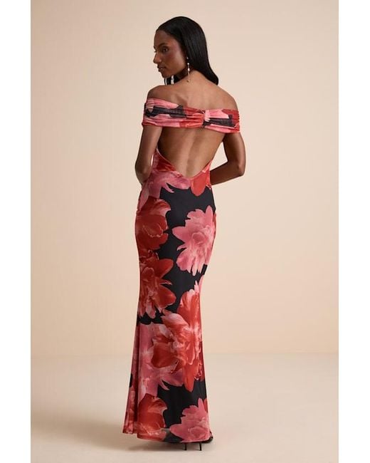 Lulus Red Dunia Floral Print Mesh Off-The-Shoulder Maxi Dress