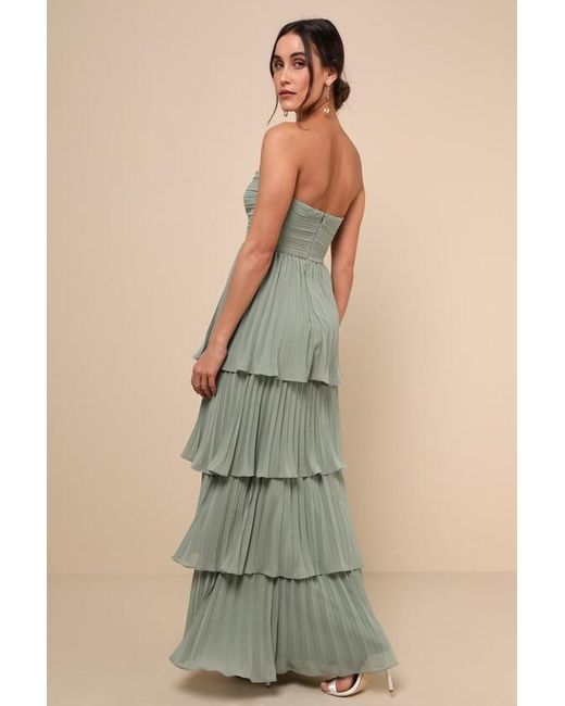 Lulus Green Seriously Sensational Sage Brush Strapless Tiered Maxi Dress