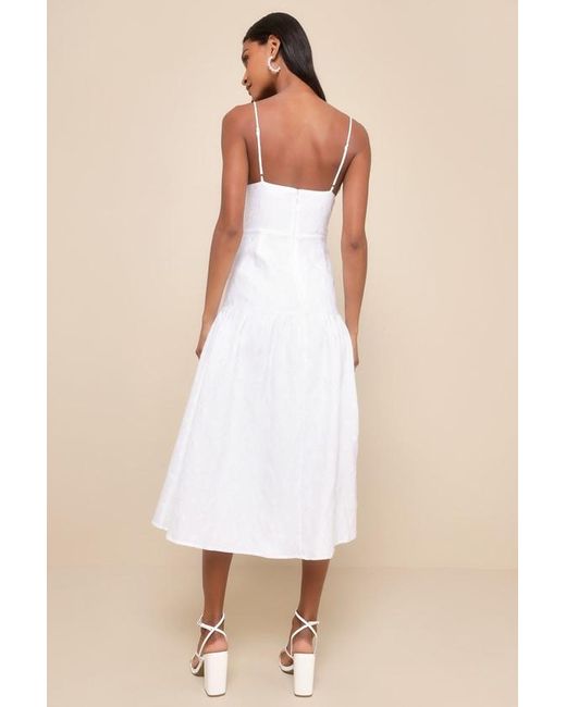 Lulus Natural Serene Charm Textured Embroidered Drop Waist Midi Dress