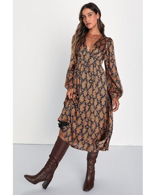 Lulus Brown Graceful Impression And Floral Print Midi Dress