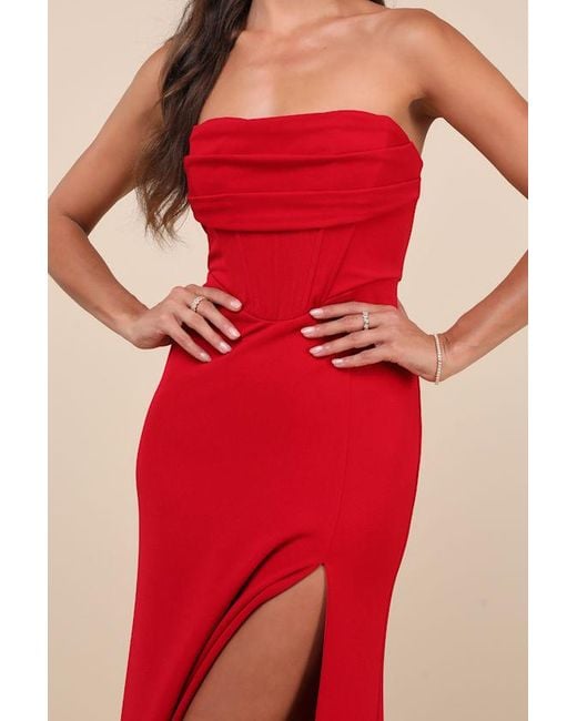 Lulus Red Spellbinding Allure Bustier Strapless Mermaid Maxi Dress