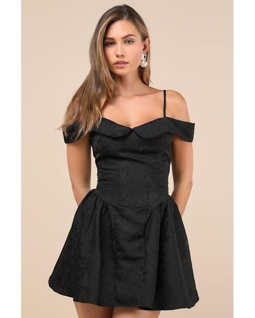 Lulus Black Flirty Enticement Jacquard Off-The-Shoulder Mini Dress