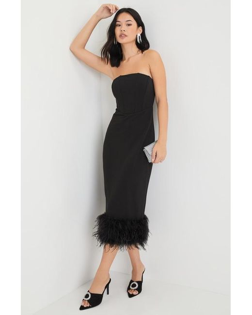 Lulus Black Fancy Behavior Bustier Strapless Feather Midi Dress