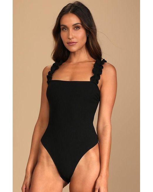 Lulus Black Musing About You Ribbed Ruffle Strap Bodysuit