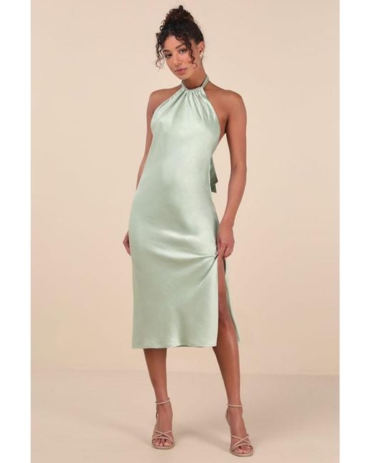 Lulus Natural Angelique Sage Satin Backless Halter Midi Dress