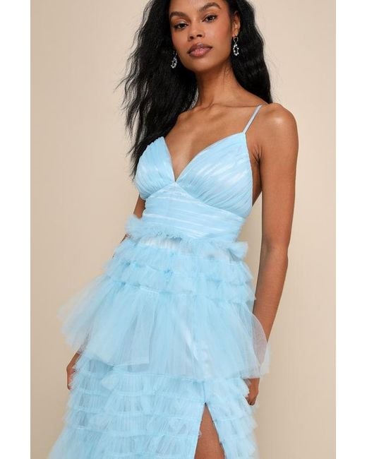 Lulus Blue Gorgeous Statement Tulle Tiered Ruffled Maxi Dress