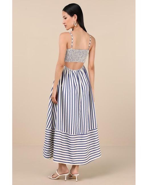 Lulus Blue Exceptionally Pristine And Cream Striped Cutout Midi Dress