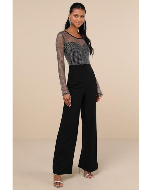 Lulus Black Beyond Glamorous Fishnet Rhinestone Jumpsuit