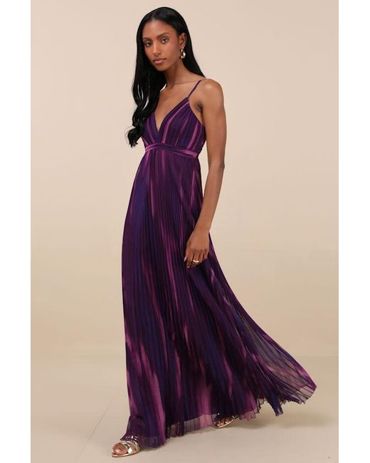 Lulus Purple Lovely Boldness Multi Watercolor Pleated Maxi Dress