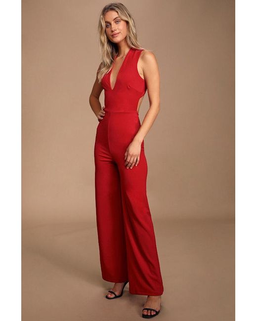 Lulus Red Thinking Out Loud Backless Jumpsuit