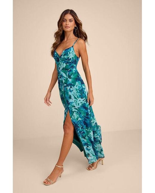 Lulus Blue Beautiful Soul Floral Print Twist-Front Maxi Dress