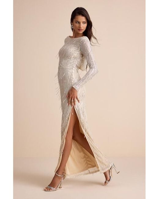 Lulus Natural Glittery Devotion Sequin Fringe Maxi Dress